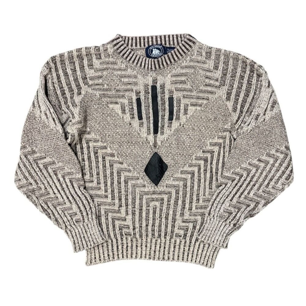Vintage 90s Atlantic Traders Textured Knit Sweater Leather Trim S/M Geometric